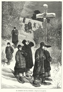 Mensen met sneeuwschoenen die terugkeren van de kerk op zondag, Canada door European School