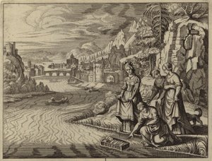 De dochter van de farao ontdekt de baby Mozes die op de Nijl drijft (gravure) door European School