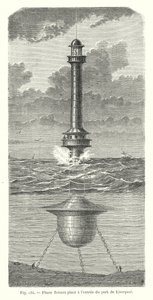 Drijvende vuurtoren geplaatst bij de ingang van de haven van Liverpool (gravure)