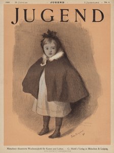 Portret van een klein meisje met een cape (kleur litho)