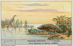 Prehistorische wereld, Liebig-kaart, begin 20e eeuw (chromo) door European School