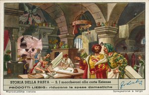 Macaroni bereiden in de keukens van het hof van Este, Italië (chromolitho) door European School