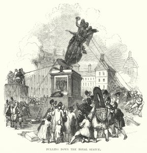 Het neerhalen van het koninklijk standbeeld (gravure)