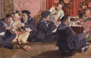 Matrozen in een Chinees theehuis (kleurenlitho)