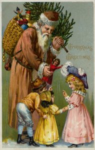 De kerstman geeft cadeautjes en een kerstboom aan kinderen (kleurenlitho) door European School