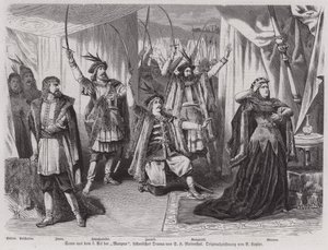 Scène uit Act III van de historische drama Maryna van de Duitse toneelschrijver Salomon Hermann Mosenthal door European School
