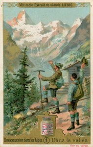 Scène van een excursie in de Alpen: in de vallei (chromolitho) door European School