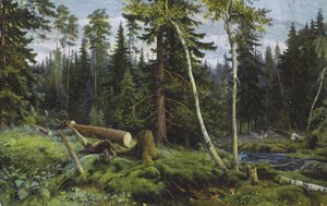 Scène in een bos met gekapte bomen (kleurenlitho)
