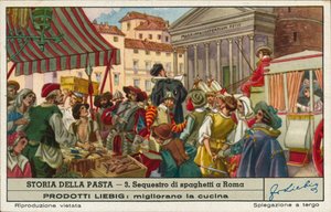 Inbeslagname van illegaal verhandelde spaghetti, Rome (chromolitho)