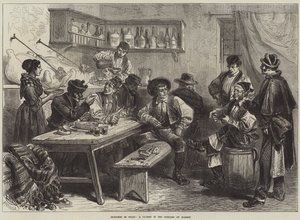 Schetsen in Spanje, een taverne in de buitenwijken van Madrid (gravure) door European School