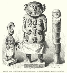 Tahitiaanse afgoden, uit hout gesneden (gravure) door European School