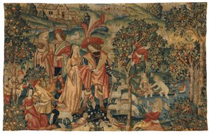 Tapijt met Pastorale Scene met Fruitplukken, of De Heer in zijn Park of Landelijke Alliantie en Fruitplukken, ca.1500 door European School