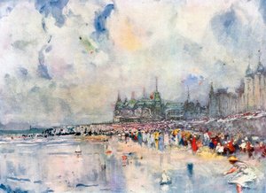 Het Kursaal en de Digue, Oostende (kleurenlitho) door European School