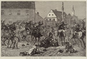 De rellen in Kroatië, huzaren verdrijven relschoppers in Agram (gravure) door European School