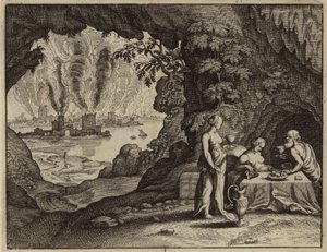 De verbranding van Sodom, en Lots dochters die hem dronken voeren zodat ze kinderen van hem konden krijgen (gravure) door European School