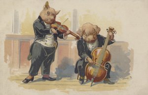 Twee varkens spelen muziekinstrumenten (kleurenlitho) door European School