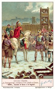Vercingetorix geeft zijn zwaard over aan Julius Caesar na het Beleg van Alesia, 52 v.Chr.