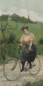 Vrouw fietst op een landweg (kleur litho)