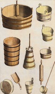 Houten gereedschap en vaten (kleurenlitho) door European School