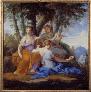 De muzen Clio, Euterpe en Thalie, respectievelijk de muzen van Geschiedenis, Muziek en Komedie