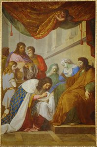 Saint Louis soignant les malades - Saint Louis ... (schilderij op doek) door Eustache Le Sueur
