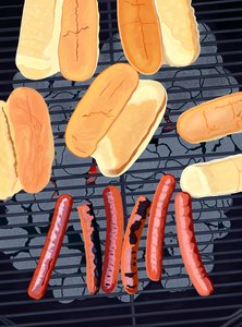 6 hotdogs op grill, zuidkant van Streef (digitale kunst) door Evan Sklar