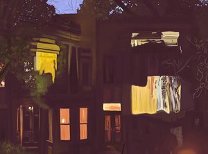 Brownstones bij nacht , c.2020-24 (digitale kunst) door Evan Sklar