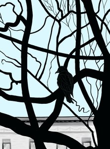 Havik op tak in stad (digitale kunst) door Evan Sklar