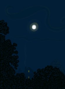 Huis met gevel en maan bij nacht schaduwen van bomen (digitale kunst) door Evan Sklar