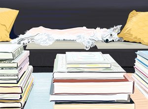 Minnie op sofa met boeken, c.2020-24 (digitale kunst) door Evan Sklar