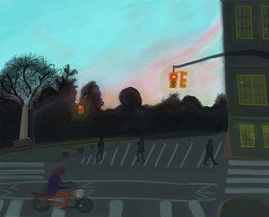 Oranje scooter,Grand Army Plaza, Brooklyn, 2016 (met de hand getekend op een iPad met een Apple-potlood) door Evan Sklar