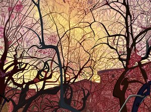 Oranje lucht, gebouwen en bomen in de lente (digitale kunst) door Evan Sklar