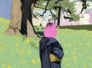 Woman Wirth Roze haar en veld narcissen (digitale kunst)