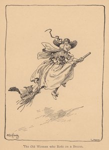 De oude vrouw die op een bezem reed