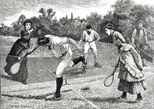 Gravure van een vriendschappelijke dubbelspel tenniswedstrijd door Everard Hopkins