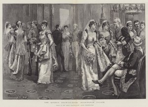 De tekenkamer van de koningin, Buckingham Palace, scène in de groene tekenkamer na de presentatie