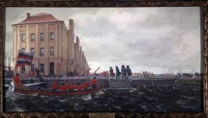 Sint-Petersburg aan het begin van de 18e eeuw. Het gebouw van de Twaalf Collegia. Beschrijving van een kade van de Neva, voor de universiteit, waar mannen wachten op de aankomst van een boot