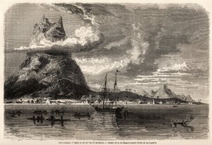 Rade en piek van het eiland Borabora, tekening door Evremond Auguste de Berard, ter illustratie van de reis van een natuuronderzoeker in de Galapagos-archipel en de koraaleilanden, in 1858 door Charles Darwin. Gravure in "Le tour du monde"