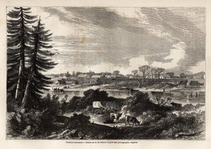Uitzicht op Victoria-Vancouver, hoofdstad van Brits-Columbia, tekening door Auguste de Berard (1824-81), ter illustratie van de verkenning van de Rocky Mountains in 1857-59 door Kapitein John Palliser. Gravure in "Le tour du monde, nouveau journal des voya