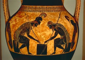 Attische zwartfigurige amfoor met Achilles en Ajax die dobbelstenen spelen, uit Vulci, ca. 540-530 v.Chr. (detail) door Exekias Exekias