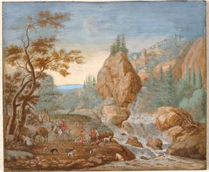 Berglandschap met een jachtpartij op de voorgrond door F.C. van Bracht