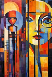 Abstract figuratief, volledige kleur acryl gezicht, canvas kunstafdruk