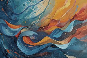 Abstract schilderij in golven van blauw, oranje en geel