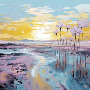 Abstracte paarse bloemen in zonsondergang landschap door F. Abderrahim