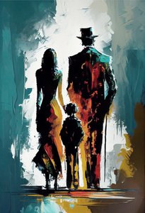 Abstract impressionistisch schilderij van een familie die op straat loopt door F. Abderrahim
