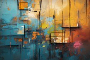Acryl schilderij op doek, blauw, oranje en geel door F. Abderrahim