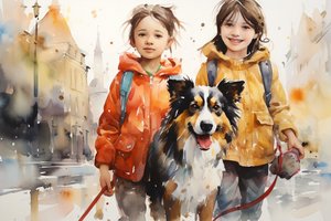 Aquarel portretschilderij van hond en kinderen