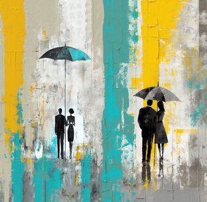 Romantische regenachtige dag, verliefd stel onder paraplu, muurkunstafdrukken