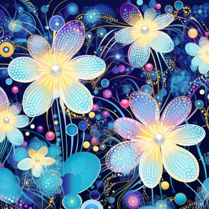Bloemmotiefpatroon in blauw, yayoi kusama-stijl, fijne kunstafdrukken online door F. Abderrahim