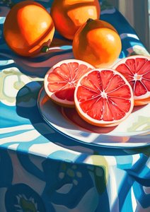 Grapefruit schijfjes, decor keuken stilleven schilderij, fijne kunstafdrukken online door F. Abderrahim